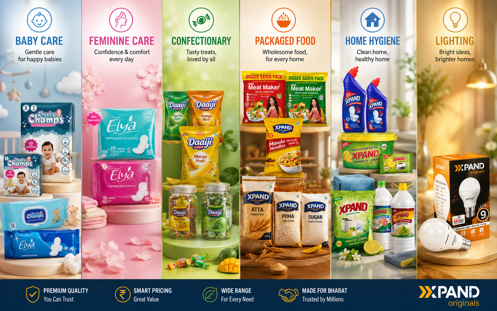 XPAND FMCG product range across Baby Care, Feminine Care, Confectionery, Packaged Food, Home Hygiene & Lighting