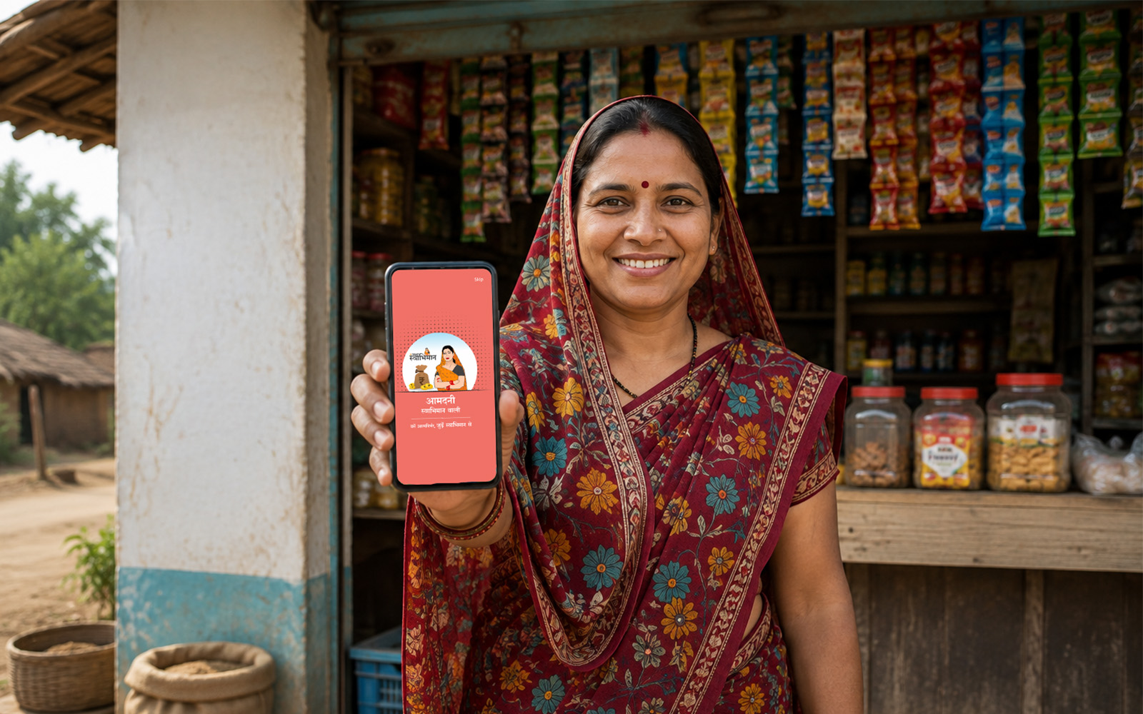 A woman entrepreneur proudly showing her earnings at her kirana store through the Swabhiman programme